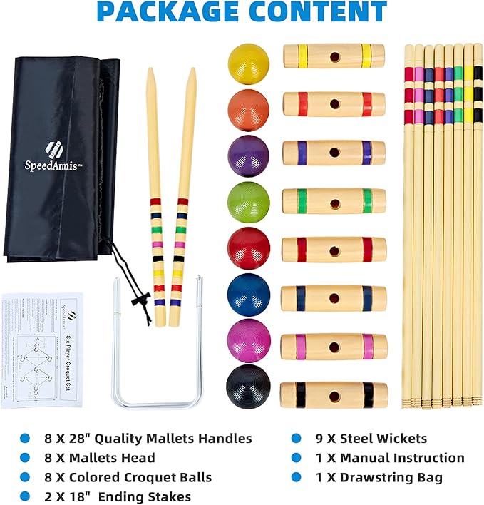 28In Croquet Party Set for 8 Players - Made of Long-Lasting Pine Wood, Family Fun for Backyards