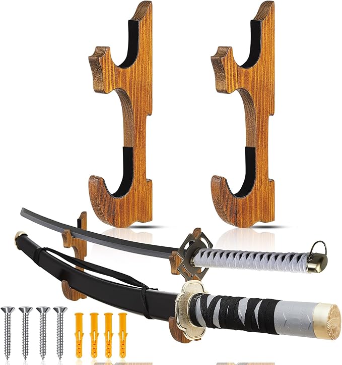 Chunful 2 Pcs Sword Wall Mount Sword Holder Katana Stand 1 Tier Hanger Adjustable Wooden Mounts for