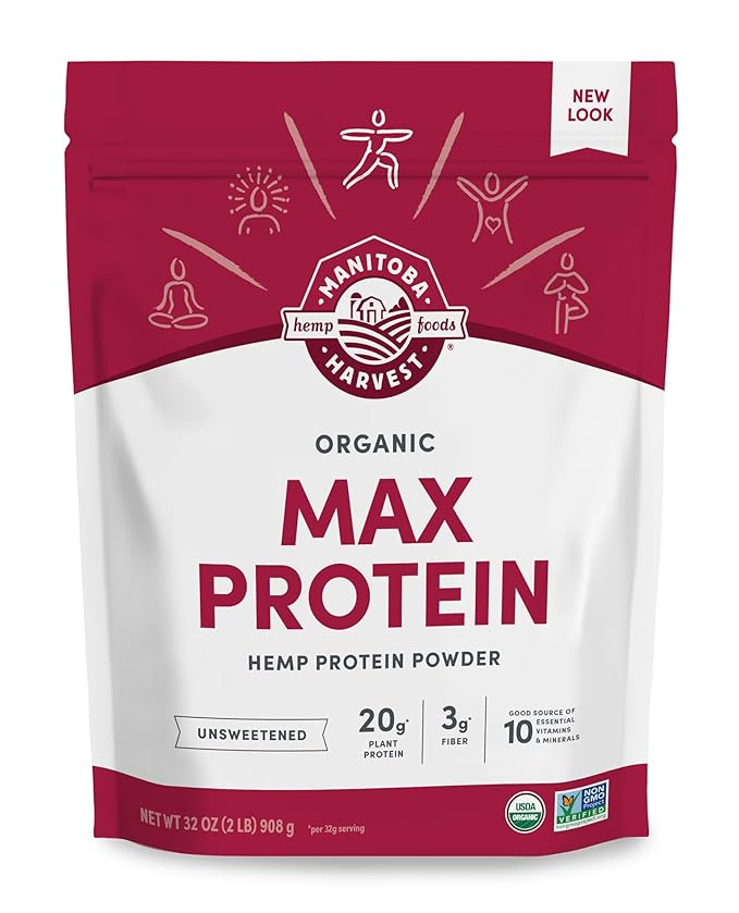 Manitoba Harvest Hemp Yeah Organic Max Protein Powder, Unsweetened, 32oz, with 20g Protein and 4.5g
