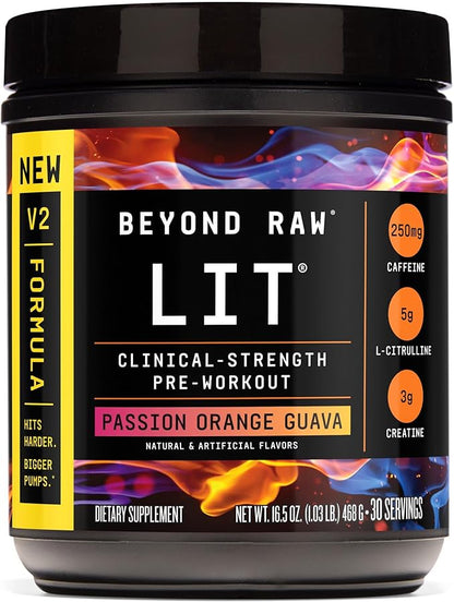 BEYOND RAW LIT V2 Clinical Strength Pre Workout Powder, Hits Harder, Bigger Pumps, Caffeine