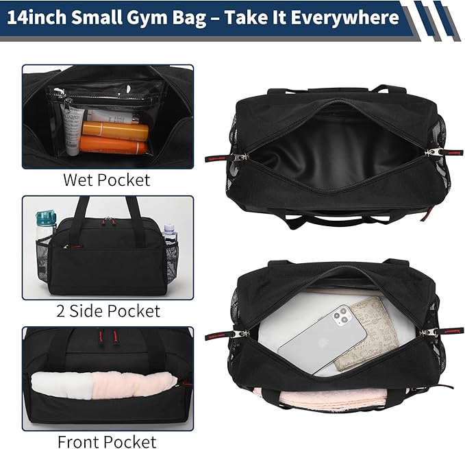 Small Gym Bag with Wet Pocket - 14 inch Mini Duffle Bag for Men & Women Lightweight Carry On Bag