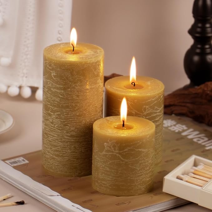 KONNI Wax Yellow Pillar Candles Set of 3, 3"x 4" Unscented Pillar Candles Bulk, 39 Hours Long
