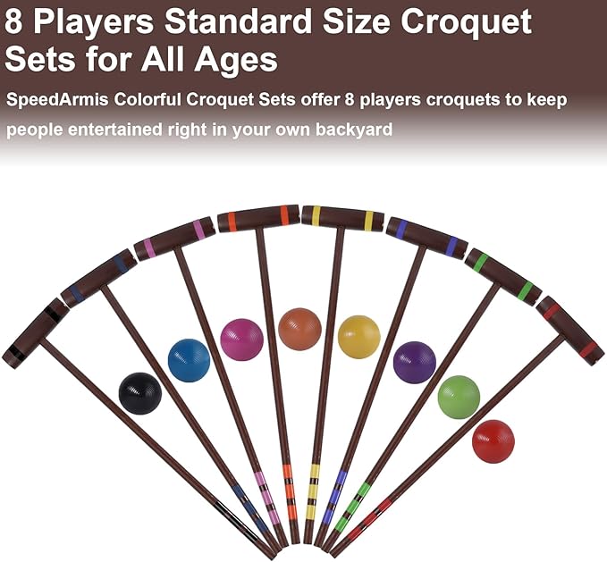 28In Croquet Party Set for 8 Players - Made of Long-Lasting Pine Wood, Family Fun for Backyards