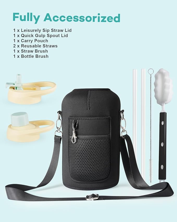 Half Gallon Water Bottle with Handle and Carry Pouch,64 oz Stainless Steel Insulated Jug Flask with