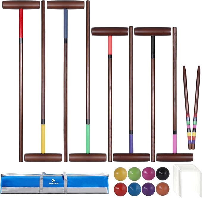 8 Players Croquet Set with 32In Regulation | 28In Standard Size Rubber Wood Mallets, Colored PE