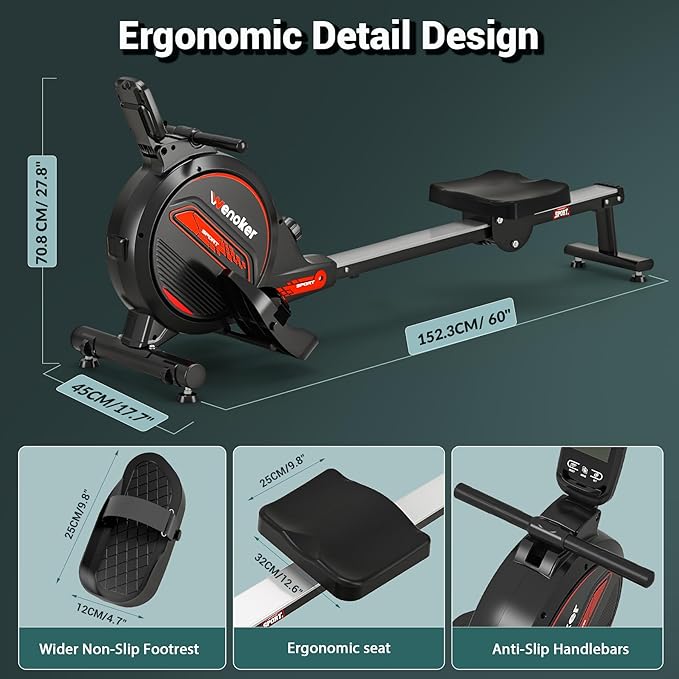 Rowing Machine,Wenoker Magnetic Rower Machine for Home,App Supported 350 LB Weight Capacity, Smooth