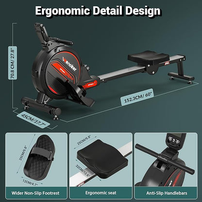 Rowing Machine,Wenoker Magnetic Rower Machine for Home,App Supported 350 LB Weight Capacity, Smooth