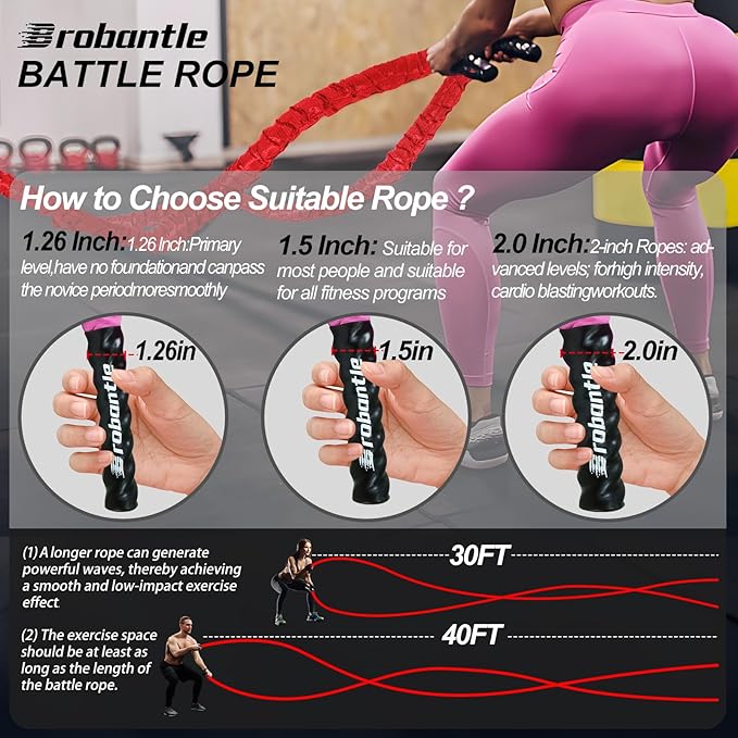 Battle Rope 1/1.26/1.5/2 Inch Diameter,Pink 30FT/40FT/50FT Exercise Workout Ropes for Home Gym