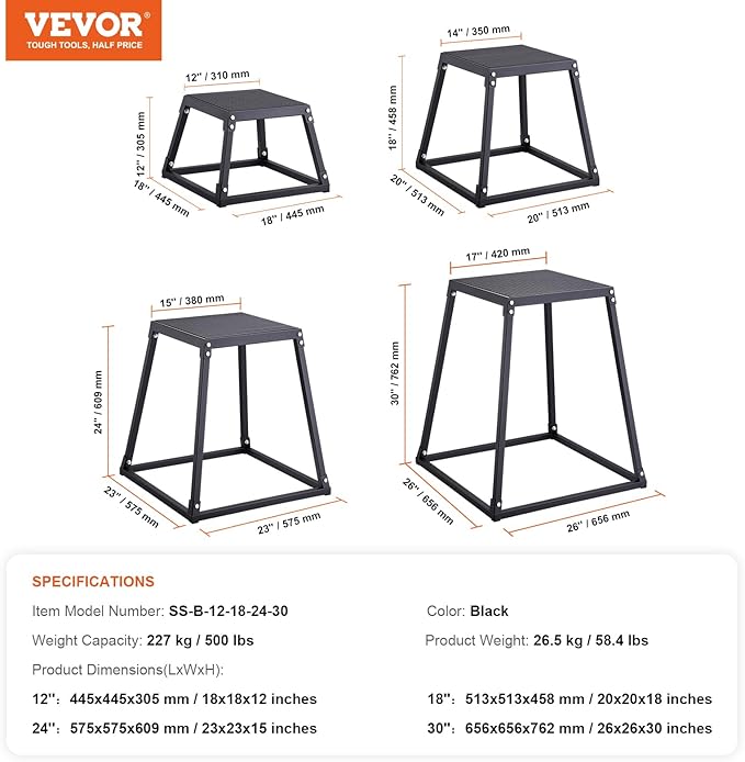 VEVOR Plyometric Jump Box, 18 Inch Plyo Box, Steel Plyometric Platform and Jumping Agility Box