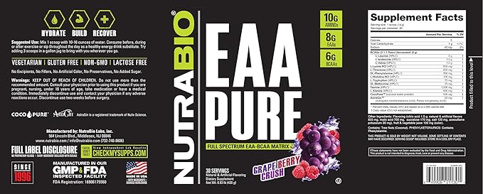 NutraBio ??EAA Pure ??9 Amino Acids ??Muscle Repair and Recovery, 30 Servings, Grape Berry Crush