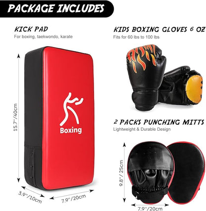 Odoland 3-in-1 Kids Youth Boxing Set - Punching Mitts, Kick Pads, Gloves for Boxing, Kickboxing