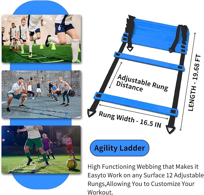 Soccer Agility Training Equipment Set, 12 Rung 20Ft Agility Ladder, 12 Disc Cones, 4 Steel Stakes