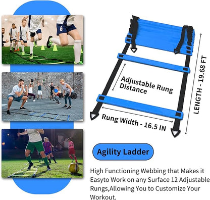 Soccer Agility Training Equipment Set, 12 Rung 20Ft Agility Ladder, 12 Disc Cones, 4 Steel Stakes