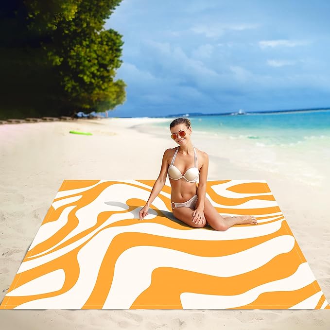 Yellow Beach Blanket, Sand Free Waterproof Outdoor Beach Mat with 4 Stakes & Pockets, 78''×86''