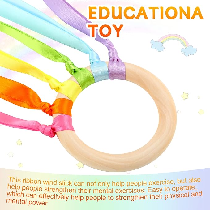 Junkin Ribbon Rings Hand Kite Waldorf Toys Dancing Wrist Ribbons Rainbow Streamers with Wood Ring