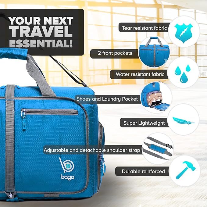 Bago Foldable Duffel Bags for Traveling Women & Men - 40L Sports Packable Duffle Bag for Travel
