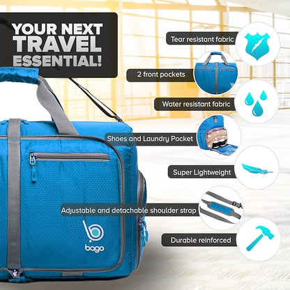 Bago Foldable Duffel Bags for Traveling Women & Men - 40L Sports Packable Duffle Bag for Travel