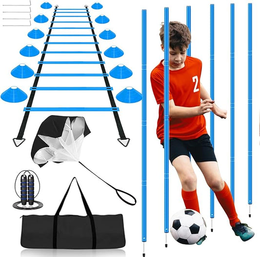 Speed & Agility Training Equipment-20ft Agility Ladder, 6 Poles, 12 Soccer Cones, Resistance