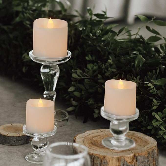 3x3 Flickering Flameless Candles Set of 3,3 inch Real Wax LED 600 Hours Battery Candles with Timer