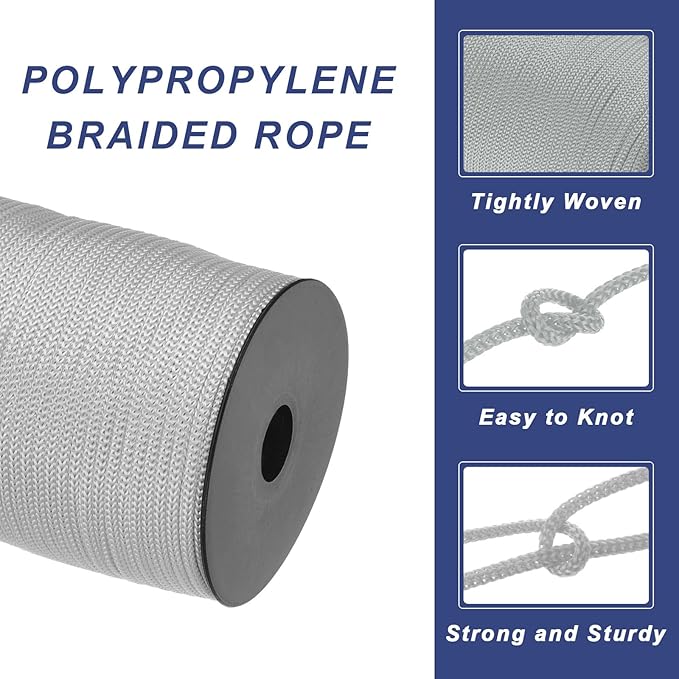 MECCANIXITY 5/32 Inch Polypropylene Rope Braided Ropes, 328ft Camping Rope Hollow Utility Cord for