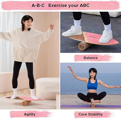 XCMAN Surf Balance Board Trainer with Roller Wooden Exercise Balancing Stability Trainer - Non Slip