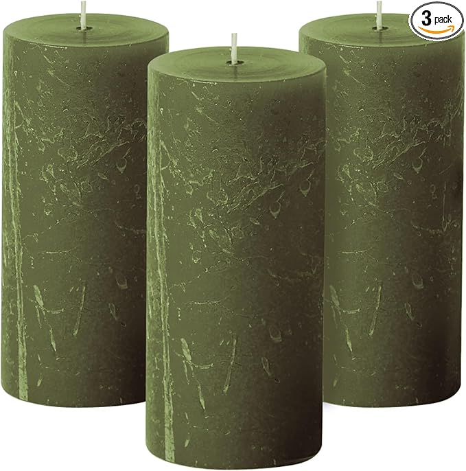 Simply Soson 3x6 inch Dark Moss Green Pillar Candles Set of 3, Rustic Texture, Unscented Green