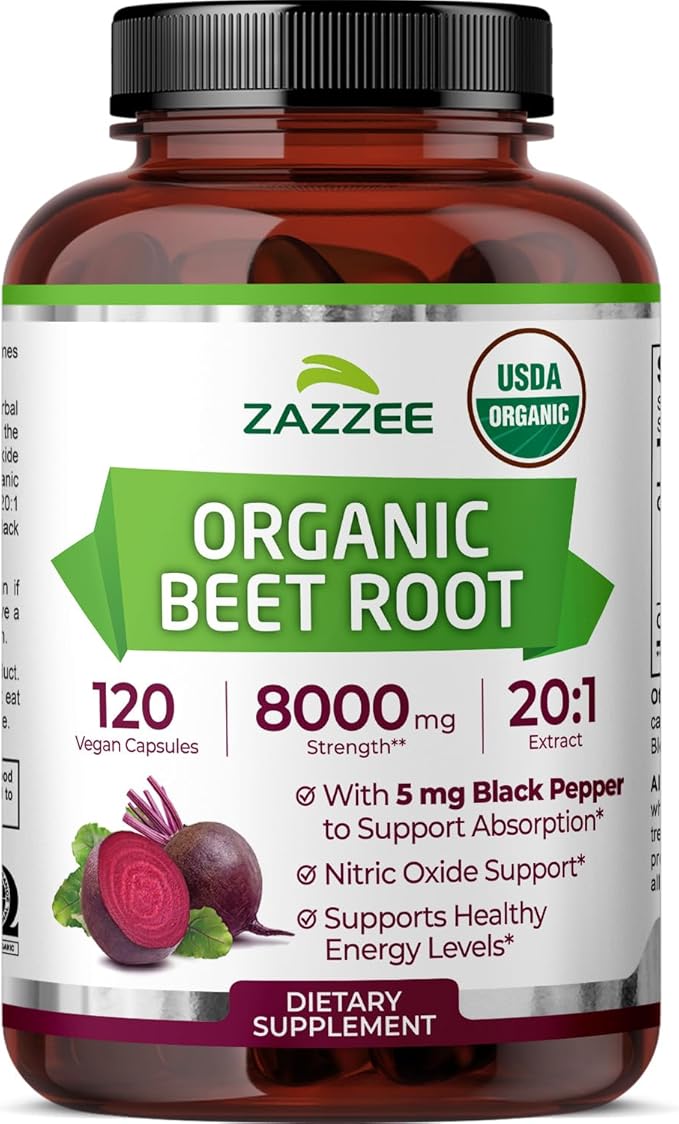 Zazzee USDA Organic Beet Root 8000 mg Strength 20:1 Extract, 120 Vegan Quick Release Capsules