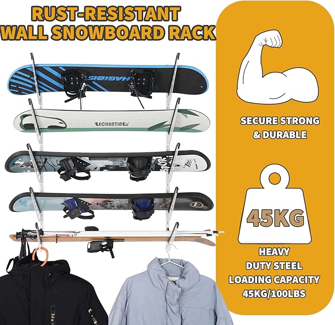 5 Board Snowboard Wall Racks, Adjustable Storage Rack for Ski, Surfboard, Wakeboard, Snowboard Wall