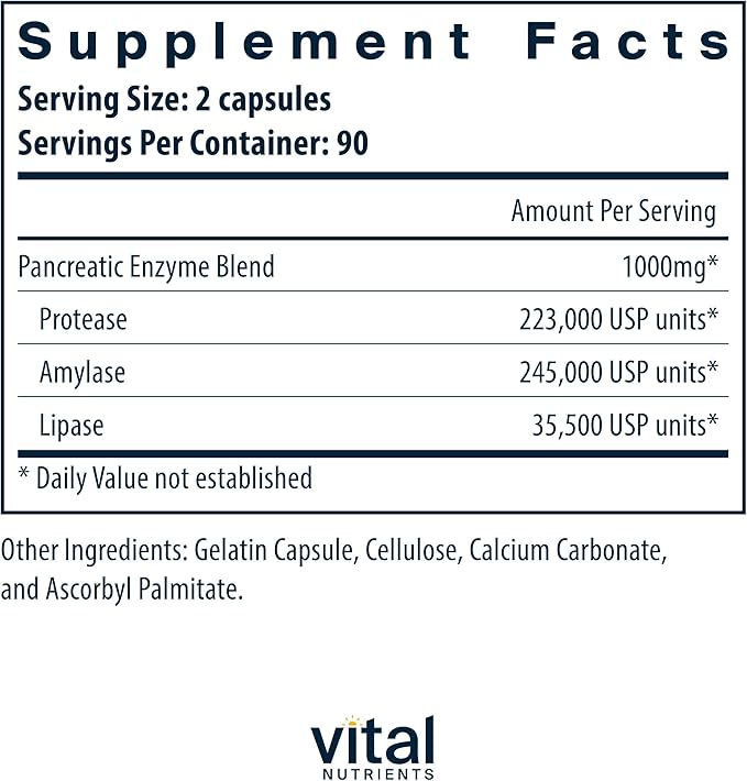 Vital Nutrients Pancreatic Enzymes 1000mg (Full Strength) | Pancreatin Digestion Supplement with