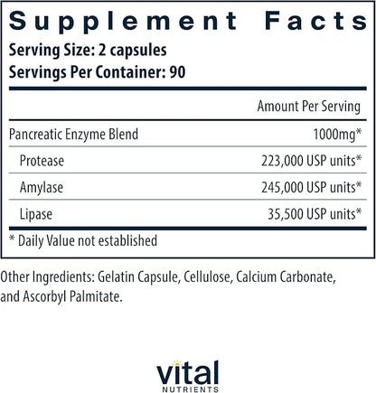 Vital Nutrients Pancreatic Enzymes 1000mg (Full Strength) | Pancreatin Digestion Supplement with