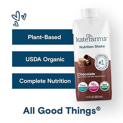 KATE FARMS Organic Nutrition Shake, Chocolate, 16g protein, 27 Vitamins and Minerals, Protein Meal