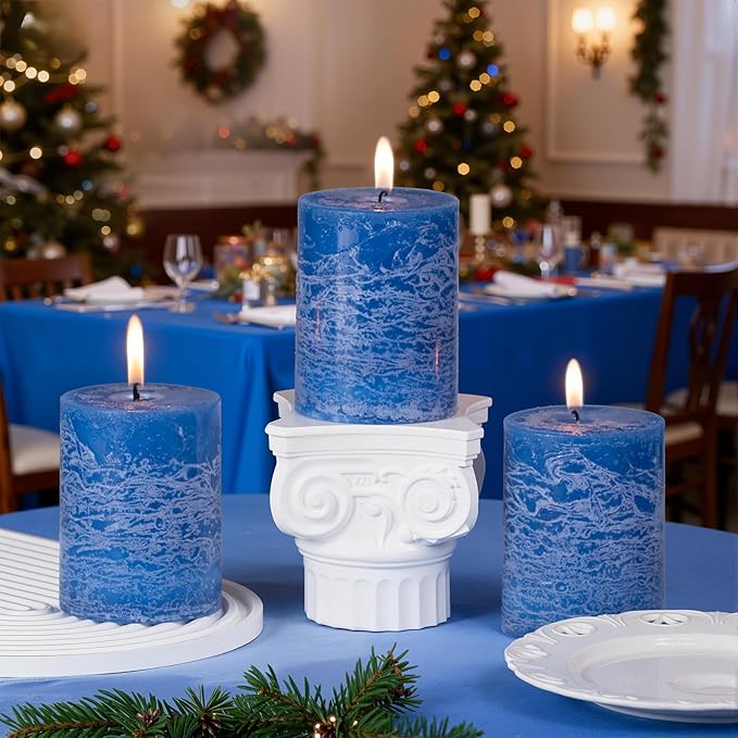 KONNI Blue Pillar Candles Set of 3, 3"x 4" Unscented Pillar Candles Bulk, 39 Hours Long Burning