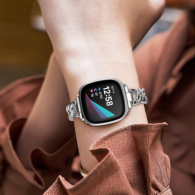 Cool Women Chain Metal Smartwatch Bands Compatible for Fitbit Sense/Fitbit Versa 3 Bands for Dressy