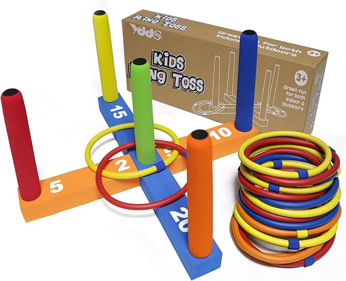 Ring Toss Game for Kids, Indoor & Outdoor Game for Family and Adults with 5 Poles, 2 Bases and 16