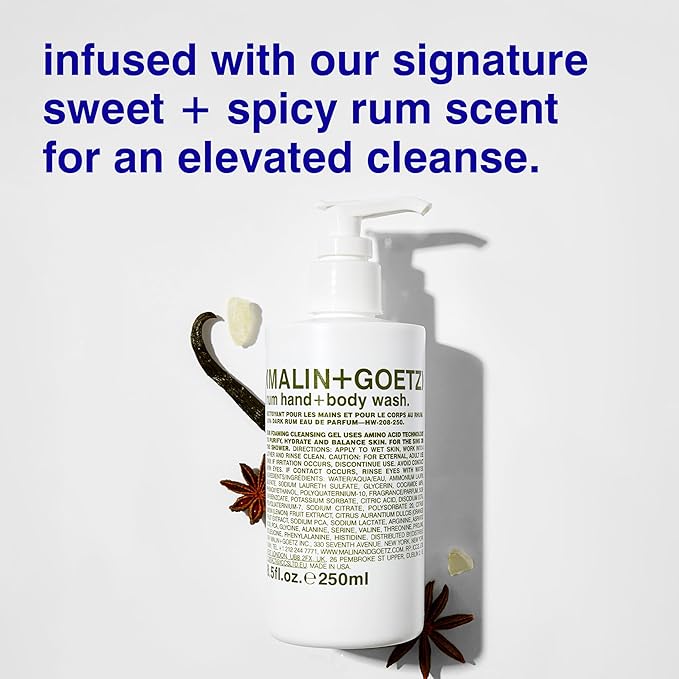 MALIN+GOETZ Rum Hand + Body Wash, 128 Fl. Oz. – Allows Up to 15 Refills, Natural Cleansing