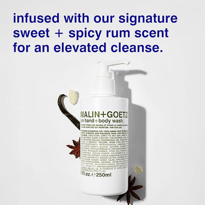 MALIN+GOETZ Rum Hand + Body Wash, 128 Fl. Oz. – Allows Up to 15 Refills, Natural Cleansing