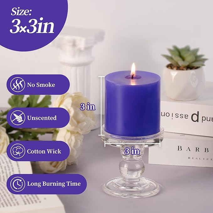 KONNI Violet Pillar Candles Set of 3, 3"x 3" Unscented Pillar Candles Bulk, 30 Hours Long Burning