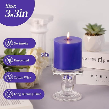 KONNI Violet Pillar Candles Set of 3, 3"x 3" Unscented Pillar Candles Bulk, 30 Hours Long Burning