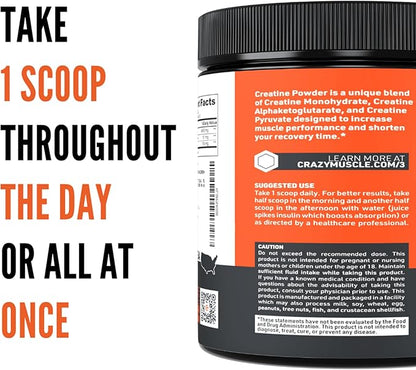 Crazy Muscle Creatine Monohydrate Powder, 5000mg Premium 3X ThreeAtine Pre Workout Mass Gainer