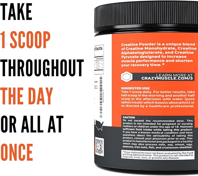 Crazy Muscle Creatine Monohydrate Powder, 5000mg Premium 3X ThreeAtine Pre Workout Mass Gainer