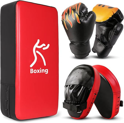 Odoland 3-in-1 Kids Youth Boxing Set - Punching Mitts, Kick Pads, Gloves for Boxing, Kickboxing