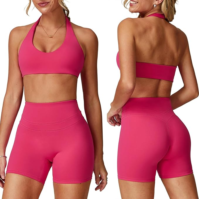 Two piece yoga short set for women with Halter top and gym short Matching workout sets for