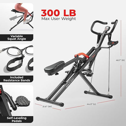 Sunny Health & Fitness Row-N-Ride PRO, Full Body Combo Squat Machine w/Optional Resistance Band