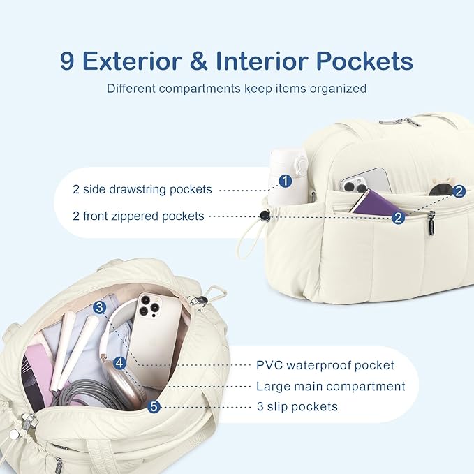 TOPDesign Travel Duffel Bag for Women, Puffer Gym Bag Sports Tote with Wet Pocket, Carry On