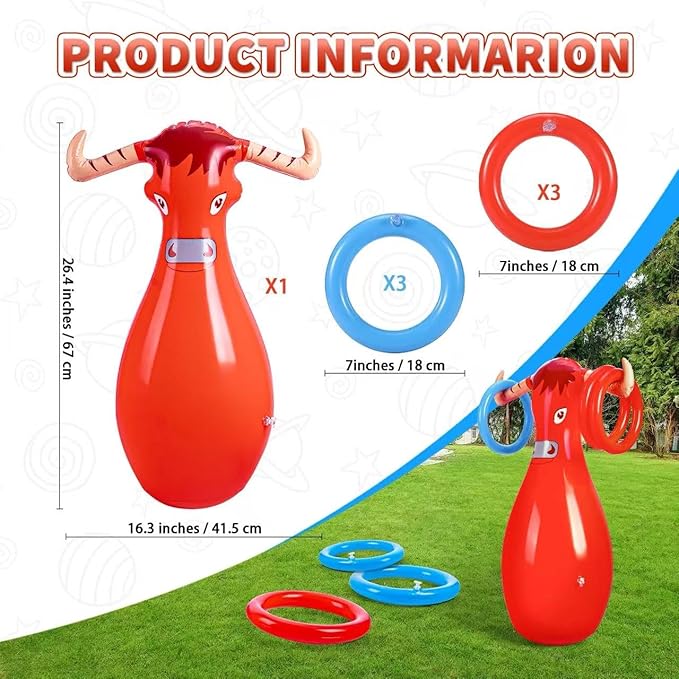 Inflatable Bull Toss Ring Game Set Include 2 Inflatable Bull 12 Rings for Summer Outdoor Beach Pool