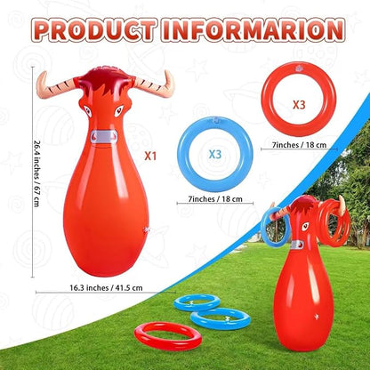 Inflatable Bull Toss Ring Game Set Include 2 Inflatable Bull 12 Rings for Summer Outdoor Beach Pool