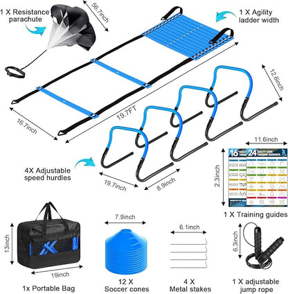 Soccer Training Equipment, Agility Speed Training Set with 20ft Speed Ladder, 12 Cones, 4