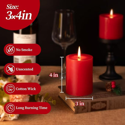 KONNI Red Pillar Candles Set of 3, 3"x 4" Unscented Pillar Candles Bulk, 39 Hours Long Burning