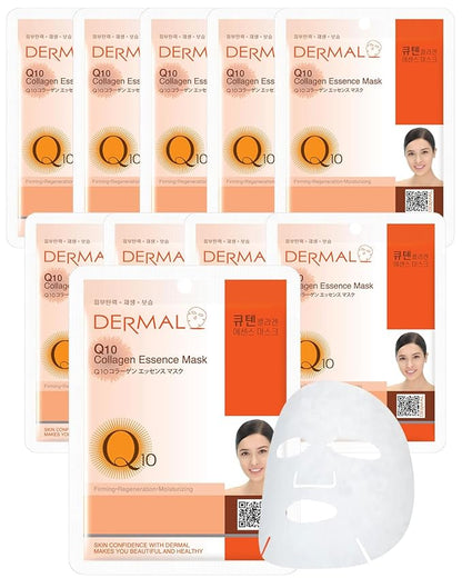 DERMAL Q10 Collagen Essence Facial Mask Sheet 23g Pack of 10 - Coenzyme Q10, Anti Wrinkle and Anti