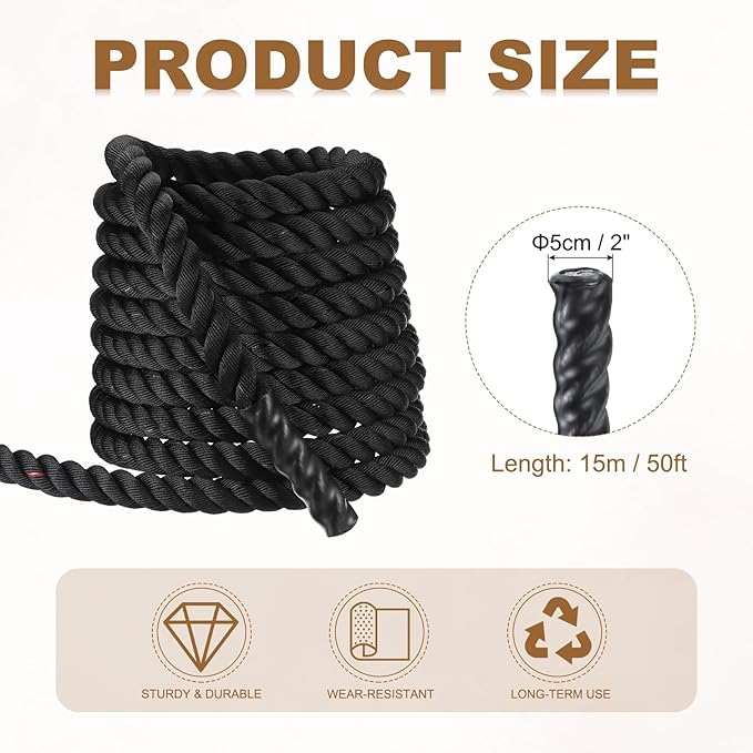 MECCANIXITY Battle Rope 50ft x 2 Inch Polyester Workout Rope Heavy Fitness Exercise Rope for